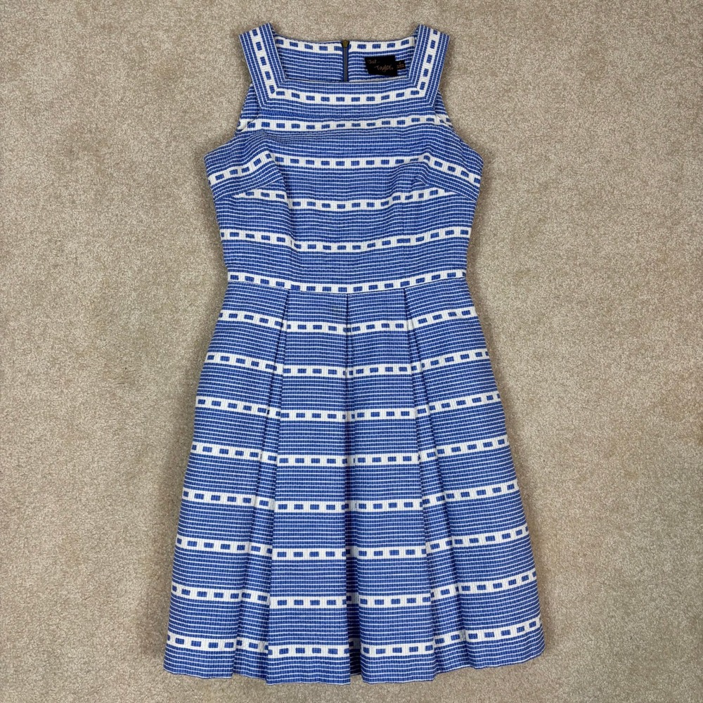 Just Taylor Blue White Geometric Stripe Fit‎ Flare Cotton Dress Square Neck Sz 2